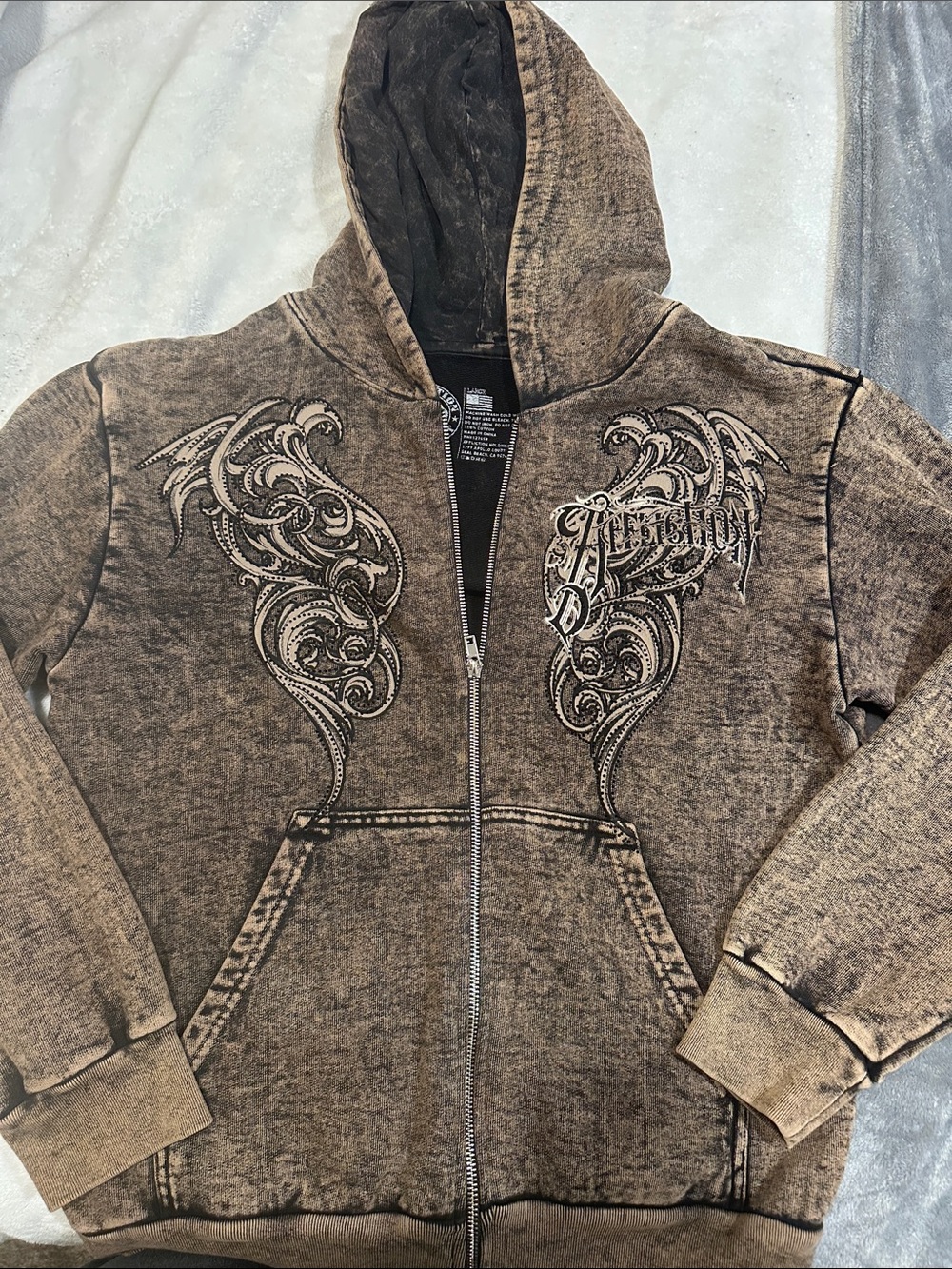 Affliction Brown Acid-Wash Graphic Zip Hoodie